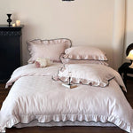 Duvet Cover Set Cotton Satin Ruffled Trim & Contrasting Piping