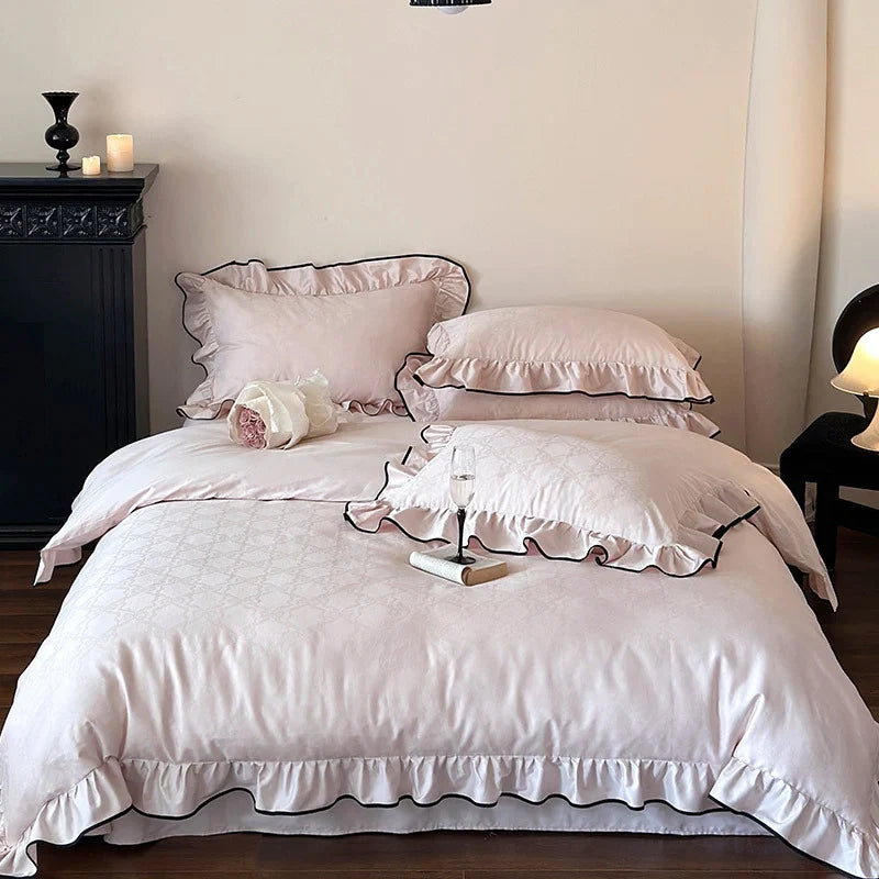 Duvet Cover Set Cotton Satin Ruffled Trim & Contrasting Piping