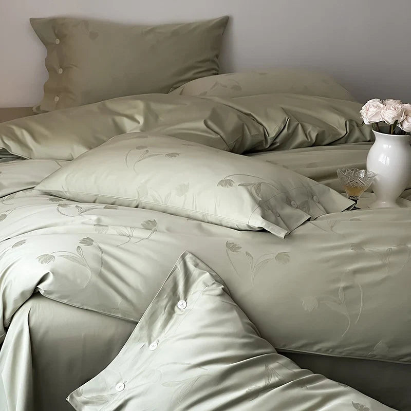 Duvet Cover Set Cotton Satin Tonal Floral Jacquard