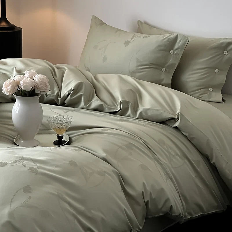 Duvet Cover Set Cotton Satin Tonal Floral Jacquard