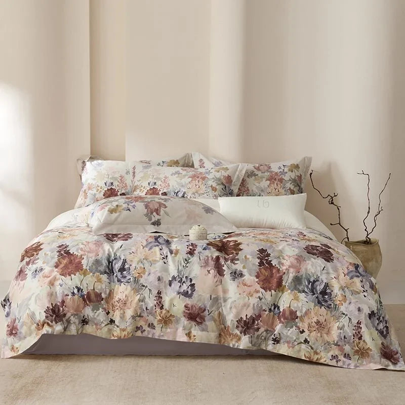 Duvet Cover Set Cotton Satin Watercolor Botanical Machine Washable