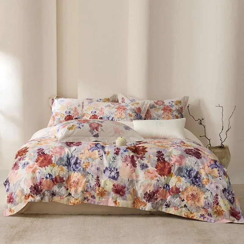 Duvet Cover Set Cotton Satin Watercolor Botanical Machine Washable