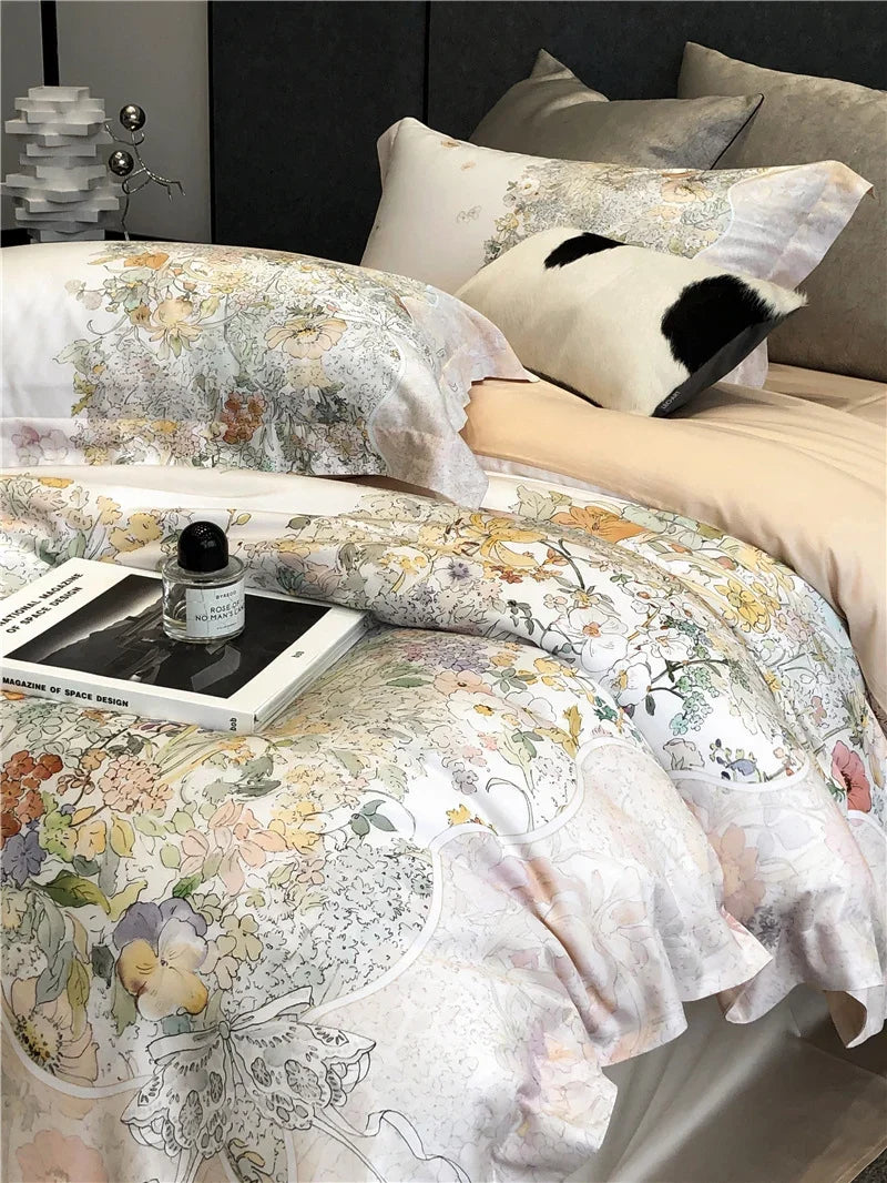 Duvet Cover Set Cotton Satin Watercolor Floral