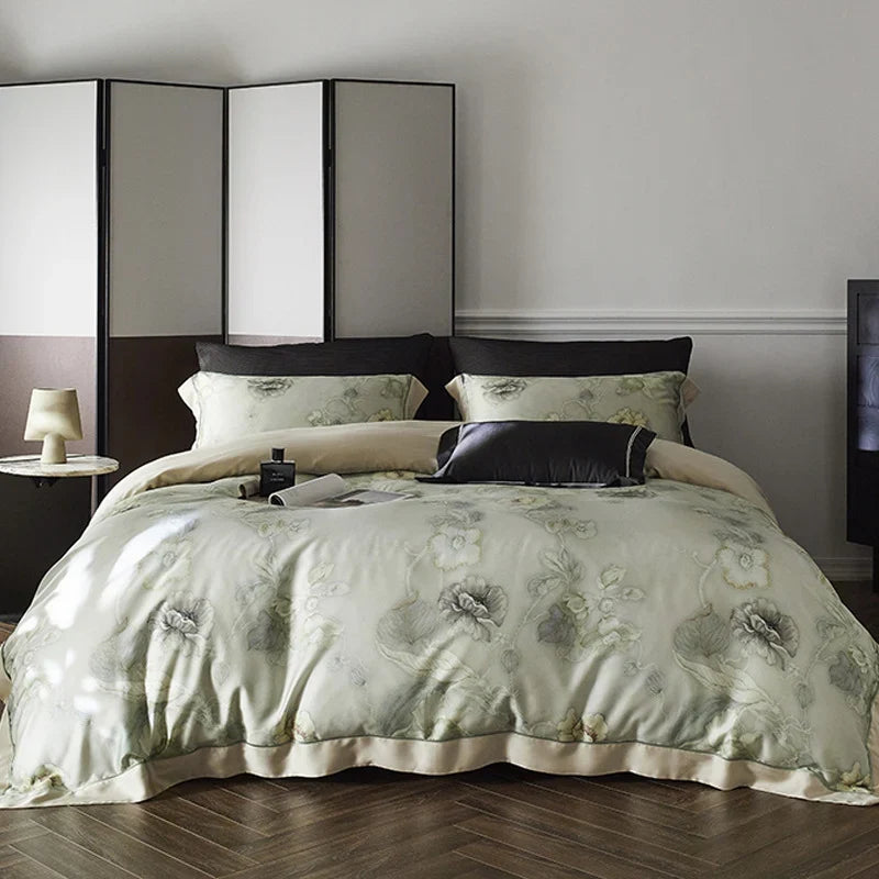 Duvet Cover Set Cotton Satin Watercolor Floral Concealed Zipper
