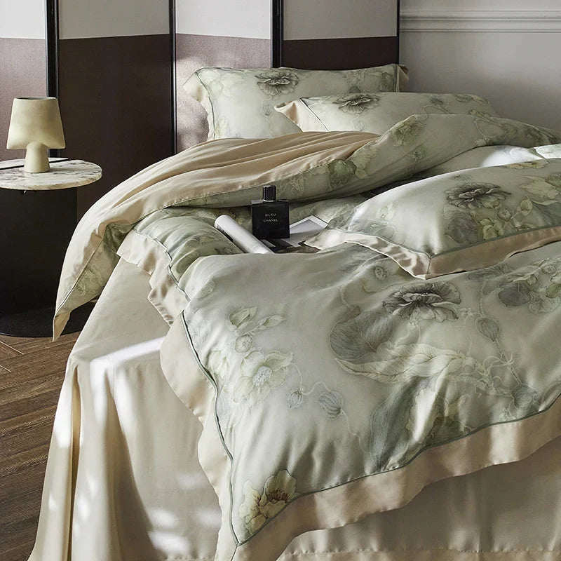 Duvet Cover Set Cotton Satin Watercolor Floral Concealed Zipper
