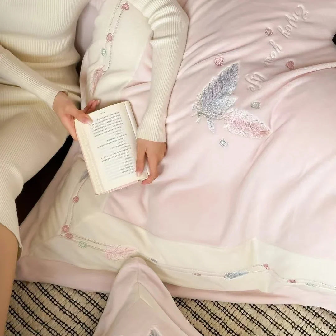 Duvet Cover Set Embroidered Feather Quilted Cotton Blend