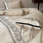 Duvet Cover Set Embroidered Floral Border & Secure Ties