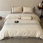 Duvet Cover Set Embroidered Floral Border & Secure Ties