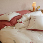 Duvet Cover Set Embroidered Floral Cotton Satin 4-Piece