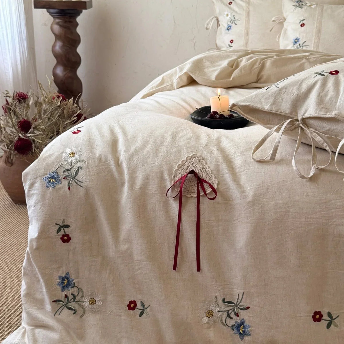 Duvet Cover Set Embroidered Floral Linen-Look Cotton Blend