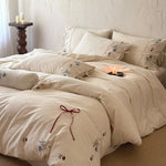 Duvet Cover Set Embroidered Floral Linen-Look Cotton Blend