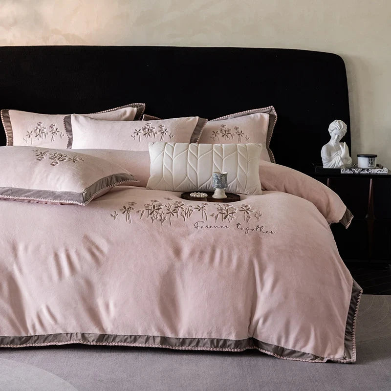 Duvet Cover Set Fine Cotton Satin Floral Embroidery