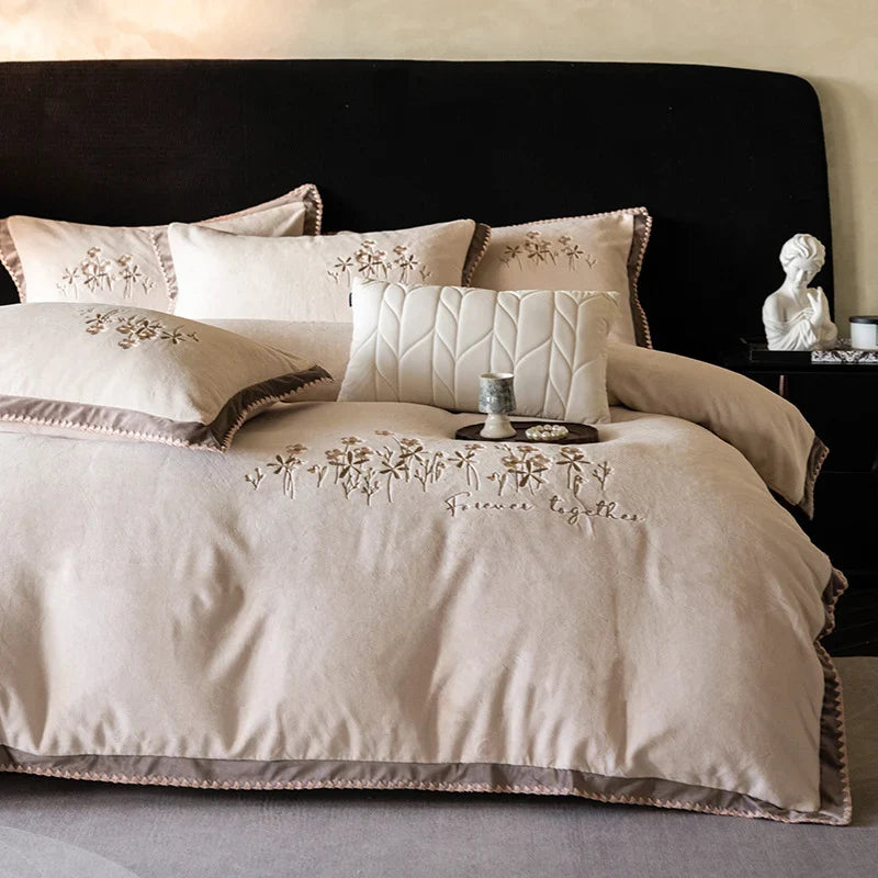 Duvet Cover Set Fine Cotton Satin Floral Embroidery