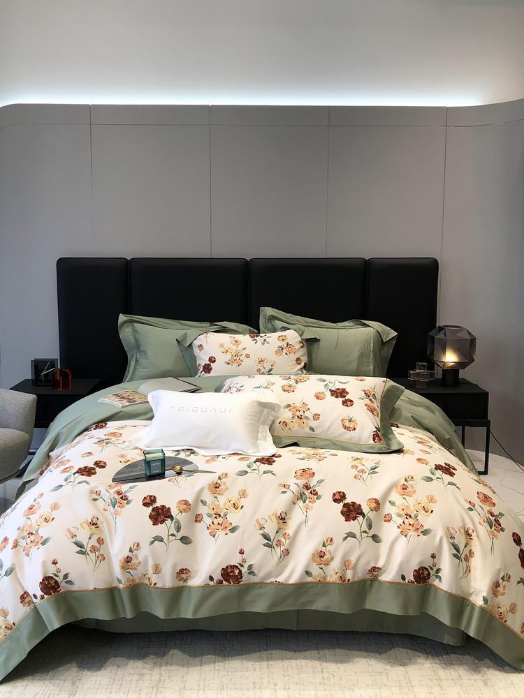 Duvet Cover Set Fine Satin Watercolor Floral Ruffled Edge