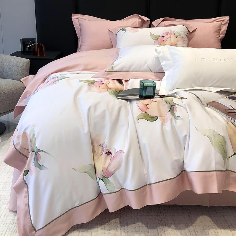 Duvet Cover Set Fine Satin Watercolor Floral Ruffled Edge