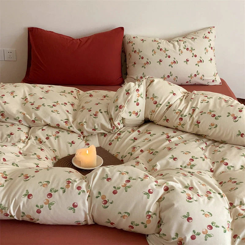 Duvet Cover Set Floral Cotton Blend Breathable 4-Piece