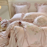 Duvet Cover Set Floral Embroidery Lace & Ruffles Pillowcases Included