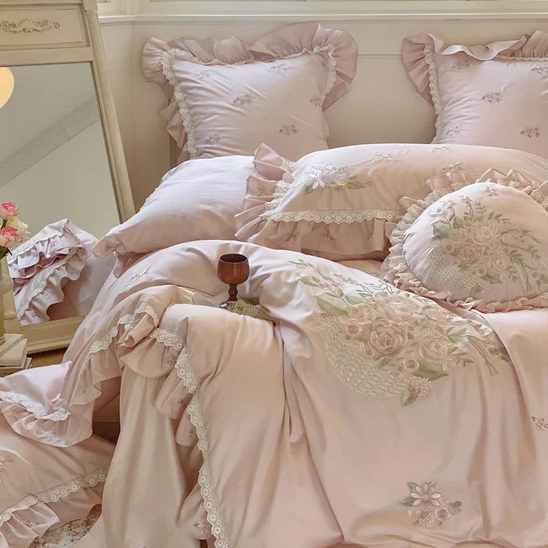 Duvet Cover Set Floral Embroidery Lace & Ruffles Pillowcases Included