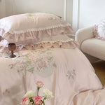 Duvet Cover Set Floral Embroidery Lace & Ruffles Pillowcases Included