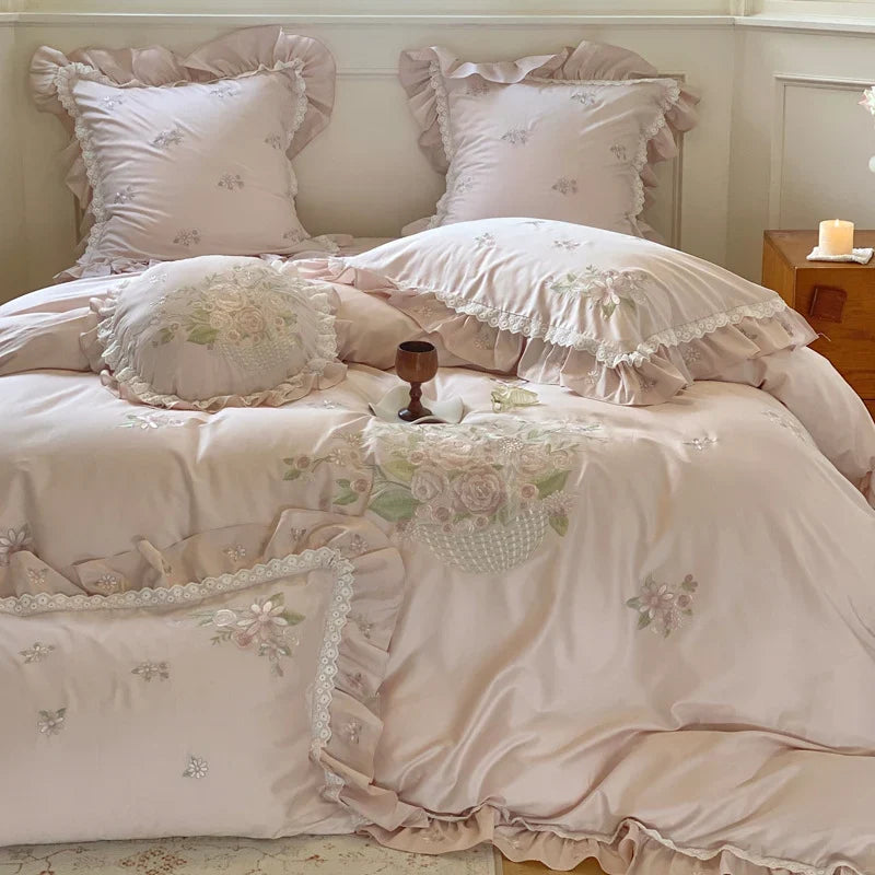 Duvet Cover Set Floral Embroidery Lace & Ruffles Pillowcases Included