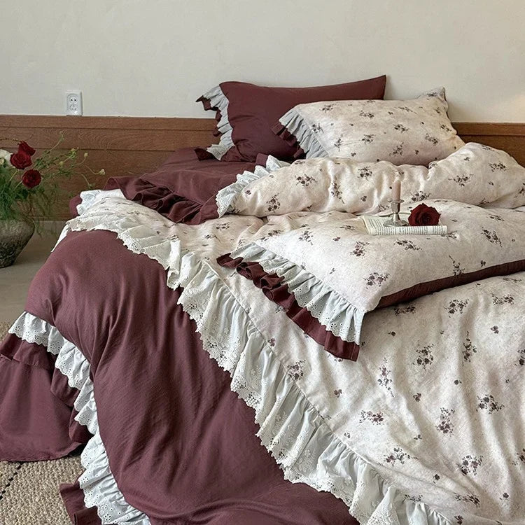 Duvet Cover Set Floral Ruffle & Lace Trim