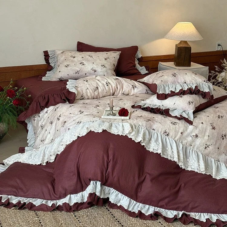 Duvet Cover Set Floral Ruffle & Lace Trim