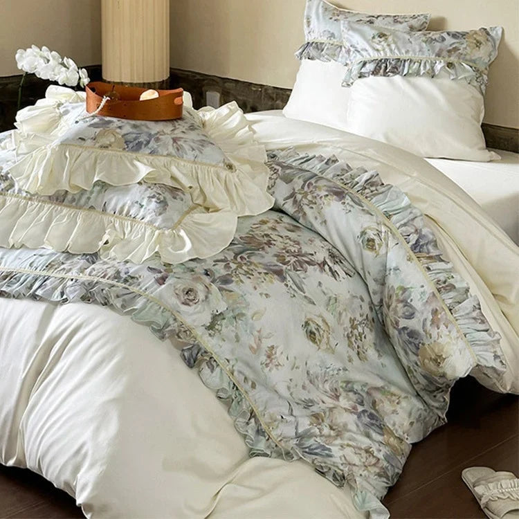 Duvet Cover Set Floral Ruffle Satin-Finish Microfiber