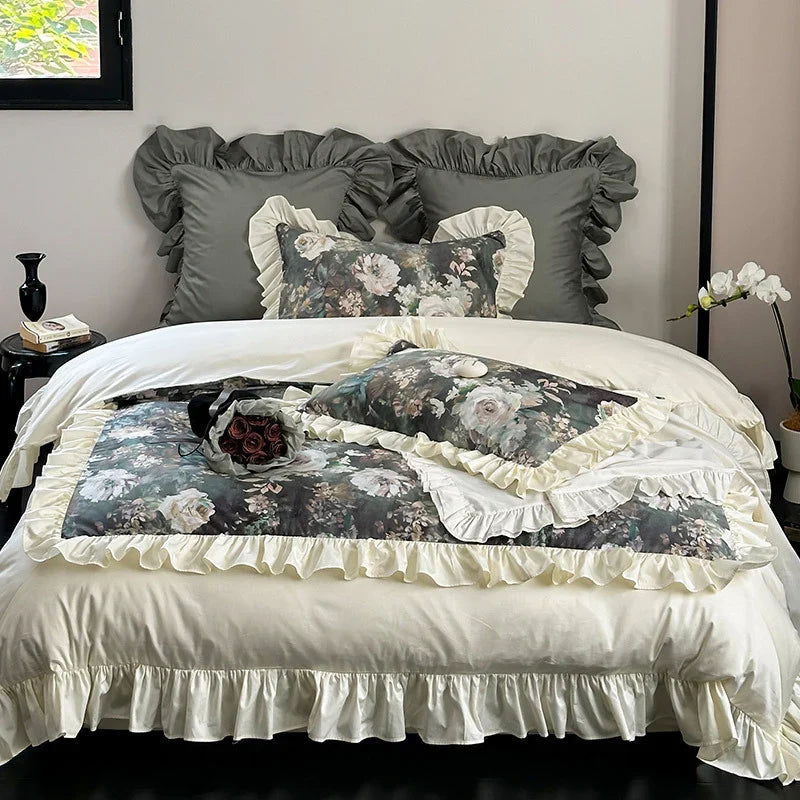 Duvet Cover Set Floral Ruffle Satin-Finish Microfiber
