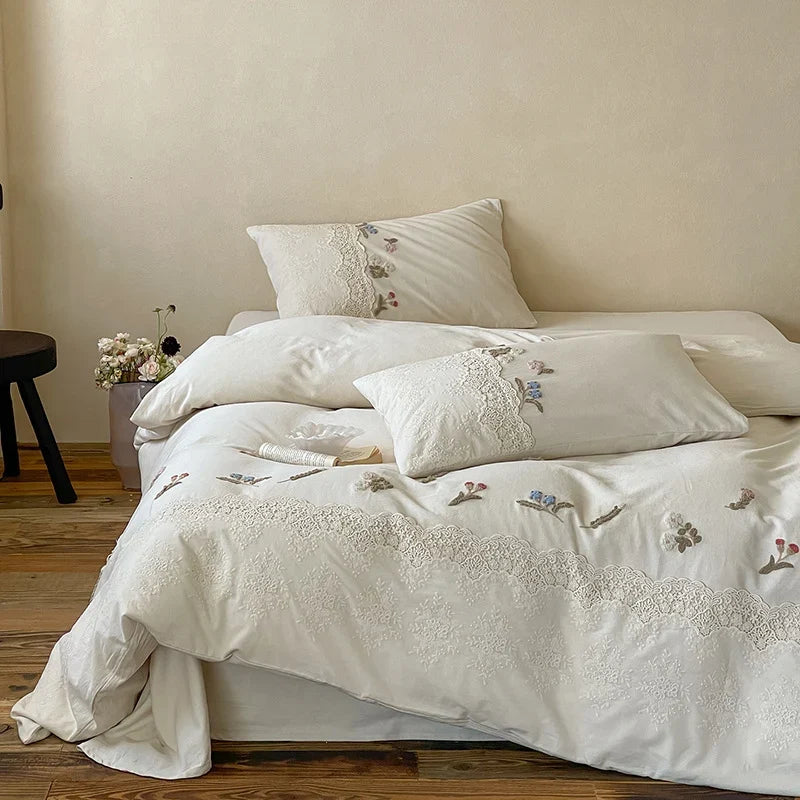 Duvet Cover Set Hand-Embroidered Cotton Satin & Lace Trim