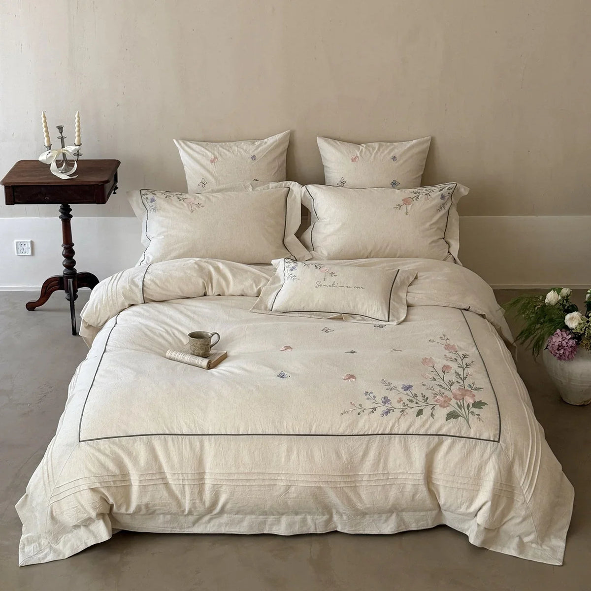 Duvet Cover Set Hand-Embroidered Floral Cotton-Linen 4-Piece