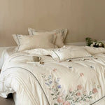 Duvet Cover Set Hand-Embroidered Floral Cotton-Linen 4-Piece