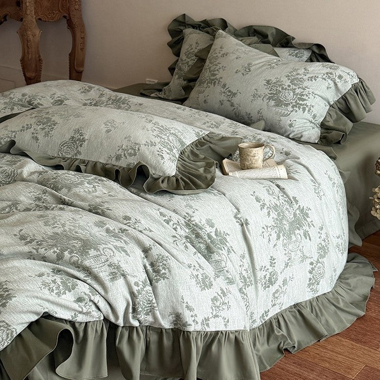 Duvet Cover Set Jacquard Floral Cotton-Linen Ruffled Edges