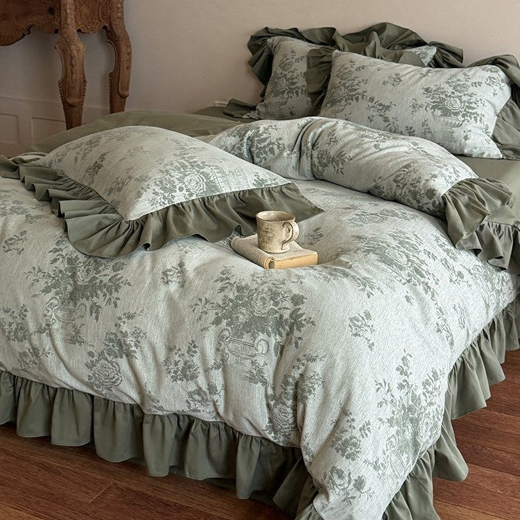 Duvet Cover Set Jacquard Floral Cotton-Linen Ruffled Edges