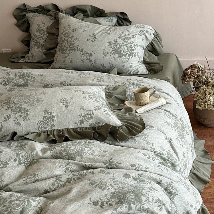 Duvet Cover Set Jacquard Floral Cotton-Linen Ruffled Edges
