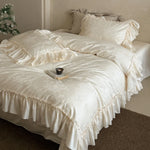 Duvet Cover Set Jacquard Floral Ruffle Trim Satin-Like Finish