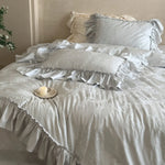 Duvet Cover Set Jacquard Floral Ruffle Trim Satin-Like Finish