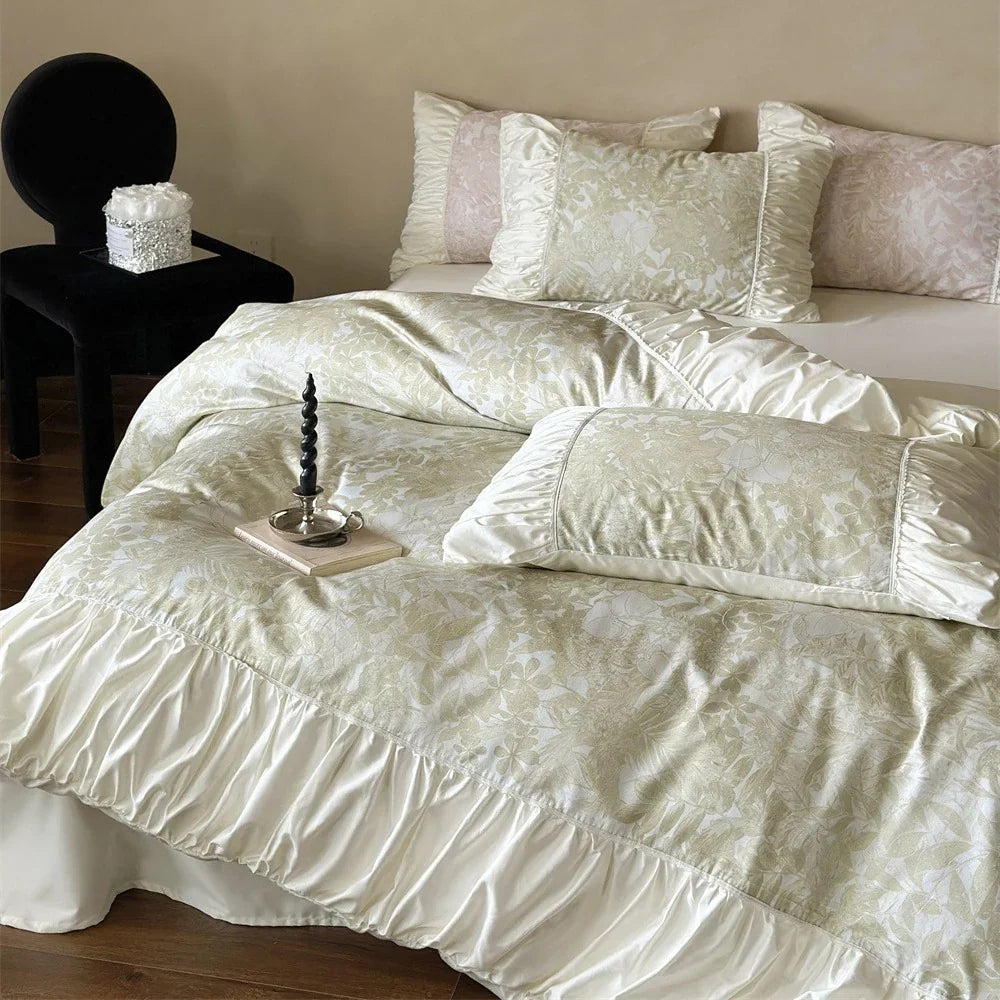 Duvet Cover Set Jacquard Floral Satin Trim Hidden Zipper