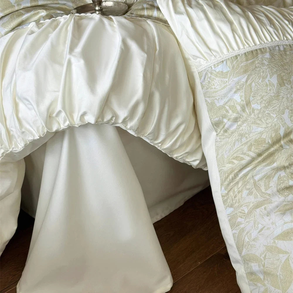 Duvet Cover Set Jacquard Floral Satin Trim Hidden Zipper