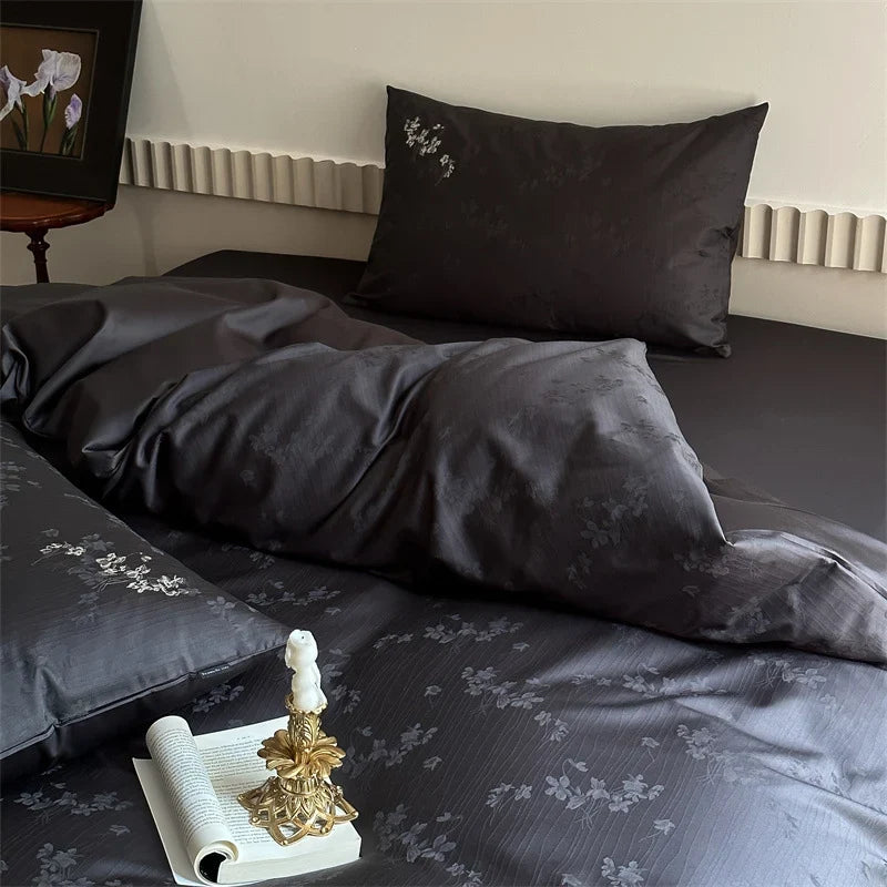 Duvet Cover Set Jacquard Satin Floral & Stripe 4-Piece