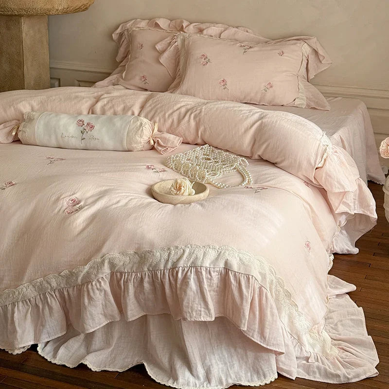 Duvet Cover Set Linen-Cotton Breathable Floral Embroidery