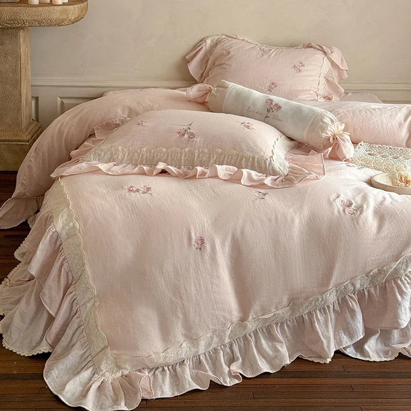 Duvet Cover Set Linen-Cotton Breathable Floral Embroidery