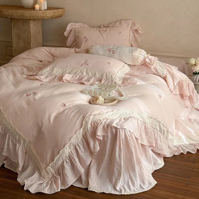 Duvet Cover Set Linen-Cotton Breathable Floral Embroidery