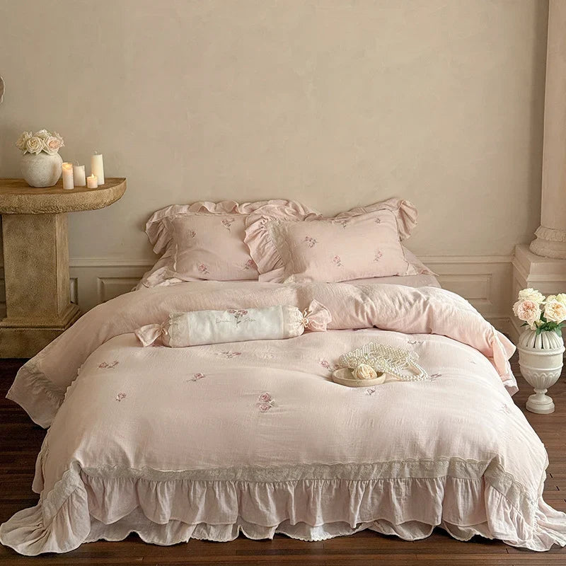 Duvet Cover Set Linen-Cotton Breathable Floral Embroidery