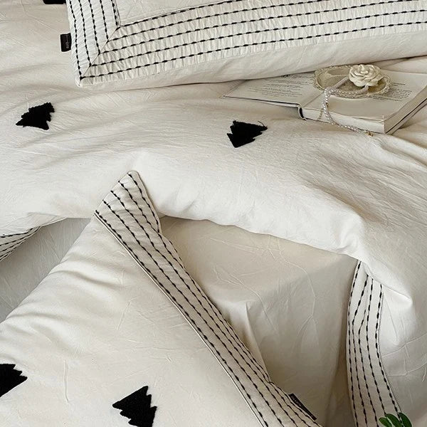 Duvet Cover Set Linen-Cotton Embroidered & Striped Border