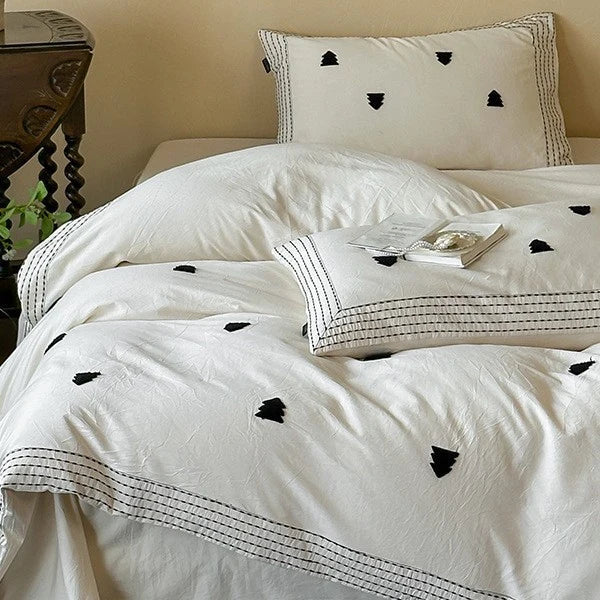 Duvet Cover Set Linen-Cotton Embroidered & Striped Border