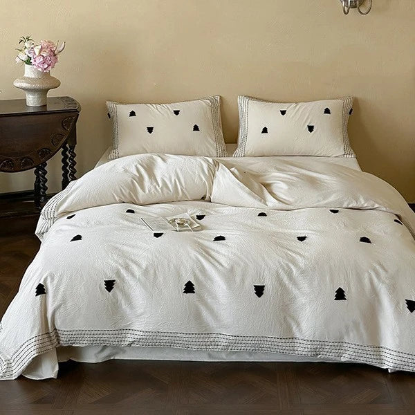 Duvet Cover Set Linen-Cotton Embroidered & Striped Border