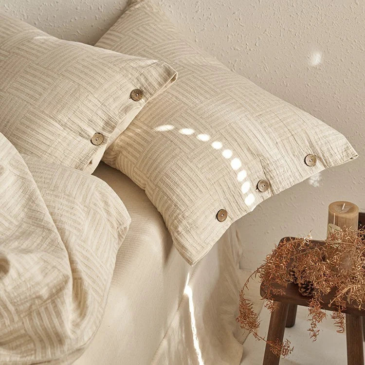 Duvet Cover Set Linen-Look Breathable Cotton Blend Wood Buttons