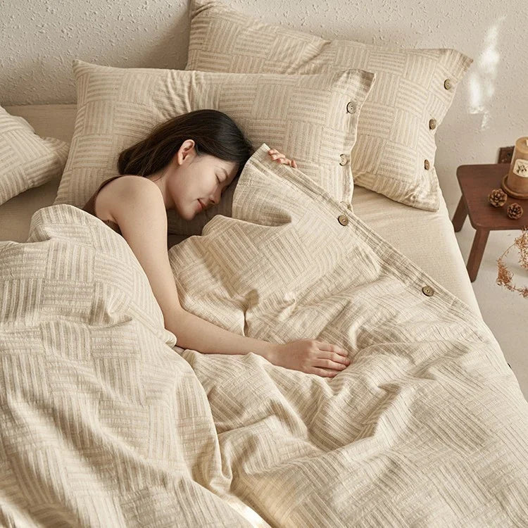 Duvet Cover Set Linen-Look Breathable Cotton Blend Wood Buttons