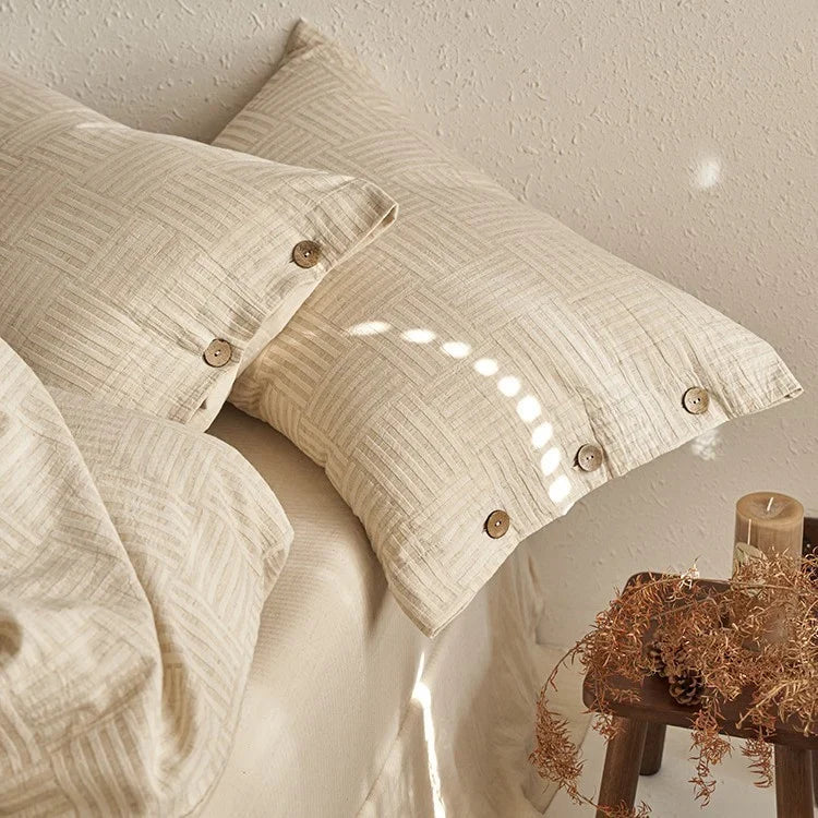 Duvet Cover Set Linen-Look Breathable Cotton Blend Wood Buttons