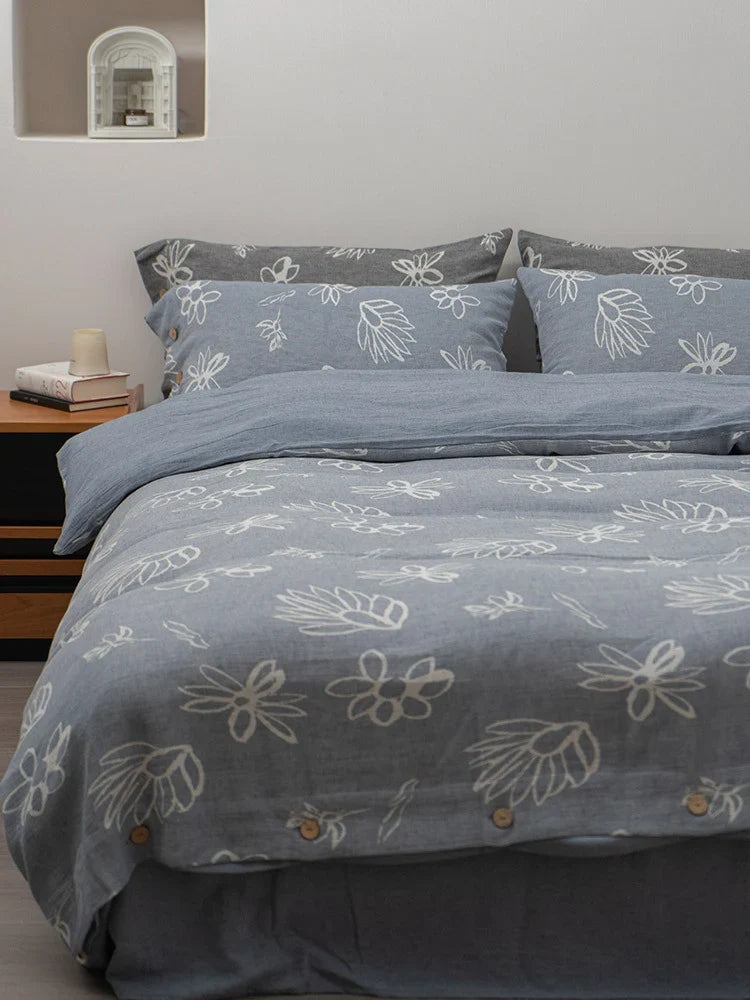 Duvet Cover Set Linen-Look Cotton Blend Wooden Button Closure